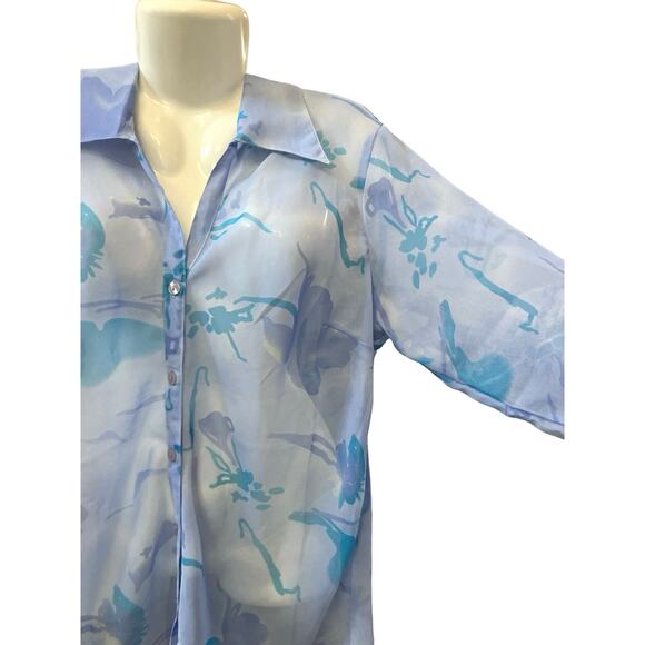 Cassee's Women's Blue Floral Sheer Button-Up Blouse | Size 2X - Picture 3 of 7
